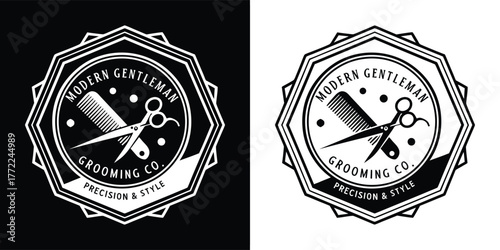 Modern gentleman grooming co logo with scissors, comb, and a stylish emblem, perfect for barbershops, hair salons, and mens grooming products