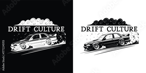 Drift car graphic with smoke and motion blur, text drift culture