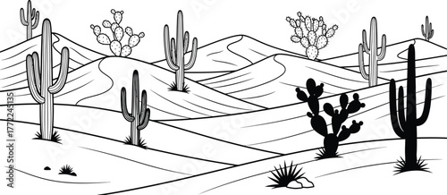 Desert landscape cactus sand dunes arid climate southwest nature black white