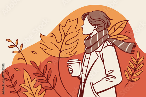 Stylish Woman Enjoying Autumn Walk with Coffee.