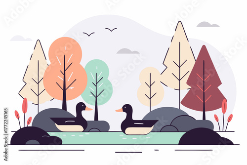 Two Ducks Swimming in a Pond with Trees and Rocks.