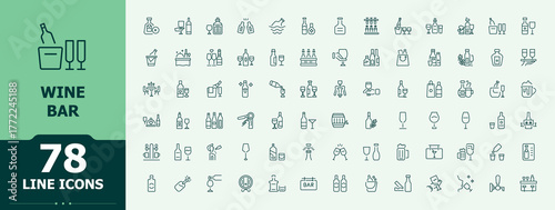 Wine bar line icon set. Vector outline icons collection. Editable vector stroke. Drink line icon set. Includes thin line symbols beverage, alcohol, vineyard, drink, wine glass and more.