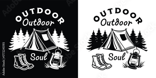 Outdoor soul text with a tent, campfire, and boots graphic illustration, suitable for tshirts and posters