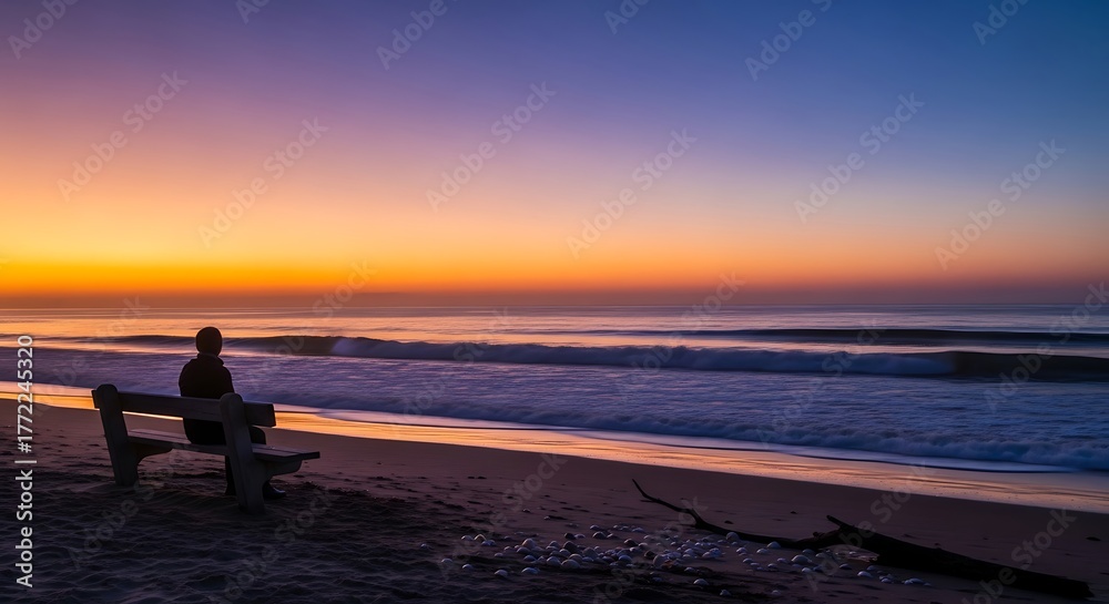 Fototapeta premium Contemplative Moment - Person on Bench at Beach at Sunset.
