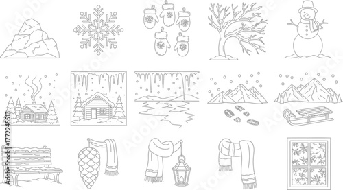 Winter snow holiday season christmas vector outline drawing design graphic art