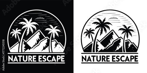 Circular emblem showcasing palm trees and mountains, symbolizing a nature escape with a sense of tropical adventure and tranquility