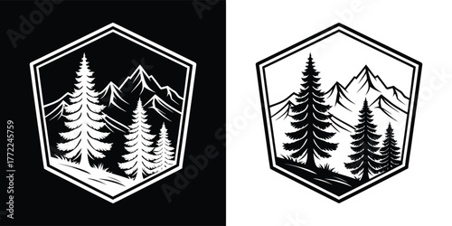 Black and white hexagonal emblem showcasing a mountain range with prominent pine trees, presented on both black and white backgrounds