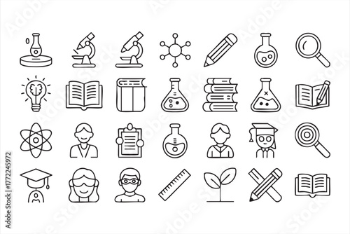 Black line science and education icons for academic projects