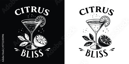 Stylized black and white illustration featuring a cocktail glass, citrus fruit, and the words citrus bliss, presented in both black and white versions