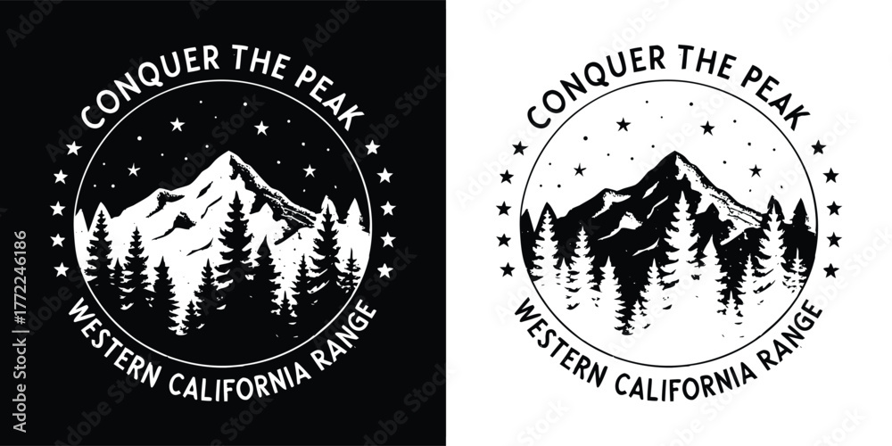 Obraz premium Vintage distressed emblem with mountain range and pine trees, text conquer the peak western california range