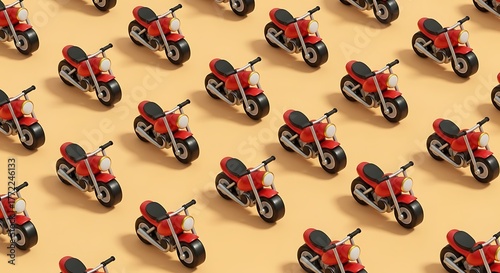 Red Miniature Motorcycles Pattern on Beige Background