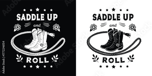 Saddle up and roll western cowboy boots and lasso emblem graphic design