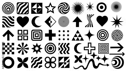 "48 bold black and white vector symbols combining geometric shapes, abstract patterns, and iconic motifs like spirals, stars, hearts, arrows, crescents, checkerboards, and optical illusions