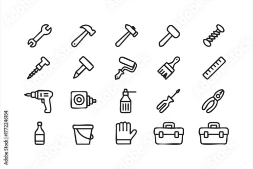 Thin line icons of construction tools and equipment for projects