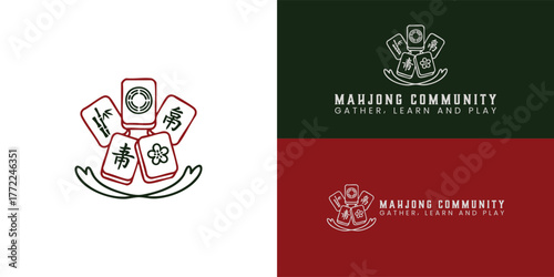 A playful arrangement of five distinct mahjong tiles, bamboo, circle, character, flower, and red dragon is fanned out above a subtle curve. This arrangement symbolizes the game's artistic beauty