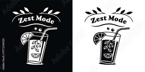 Hand drawn illustration of a refreshing glass of iced tea with lemon and mint, with the text zest mode, on a black and white background