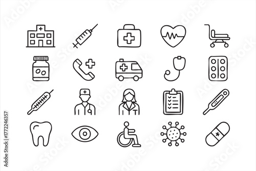 Outline icons of health, treatment, and wellness for design templates