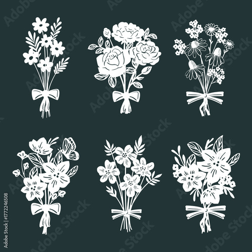 Bouquet of White Flowers silhouette on black background. Set of Vector Illustration.
