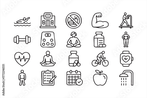 Black line fitness and wellness icon set for lifestyle and health design