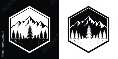 Black and white hexagonal emblem featuring a mountain range with pine trees, set against a black background and a white background