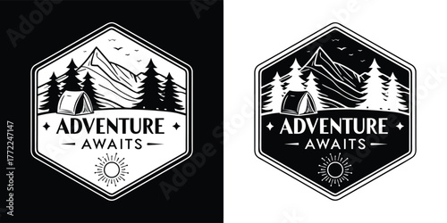 Vintage hexagonal emblem with mountains, pine trees, and a tent, displaying adventure awaits and a sun graphic, isolated on white background
