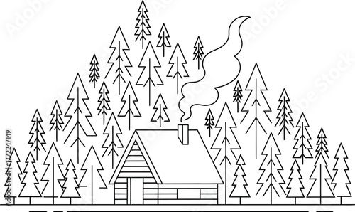 Cabin forest trees smoke chimney nature woods house lodge home simple lineart