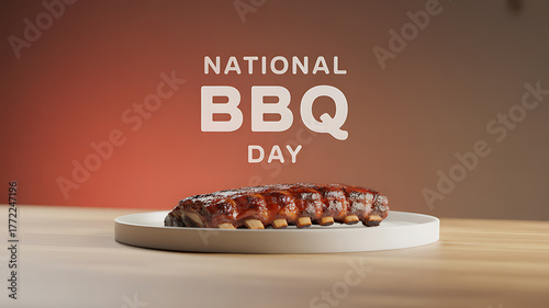 A plate of glazed barbecue ribs displayed on a wooden table with 'National BBQ Day' text in the background.
