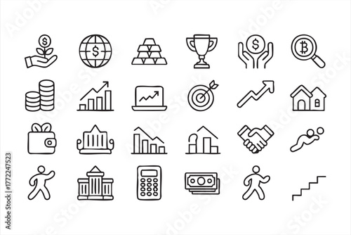 Outline icons of wealth, economy, and cryptocurrency for marketing use
