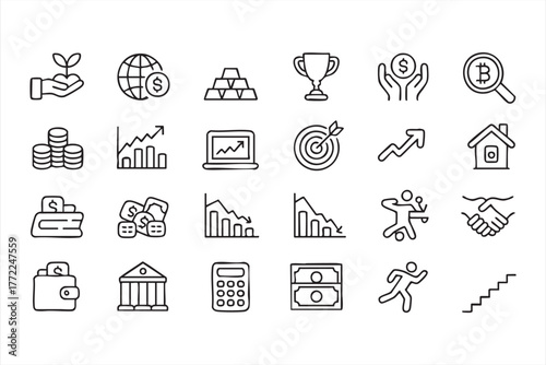 Black line finance and investment icon set for business and fintech design