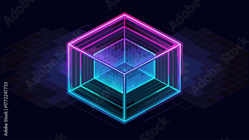 Neon Wireframe Cube Design. Abstract 3D Isometric Illustration with Glowing Lines for Modern Tech and Design Projects.
