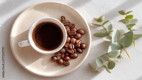 Rustic Flat Lay Coffee Presentation With Roasted Beans And Fresh Eucalyptus Sprig Illuminated By Soft Sunlight