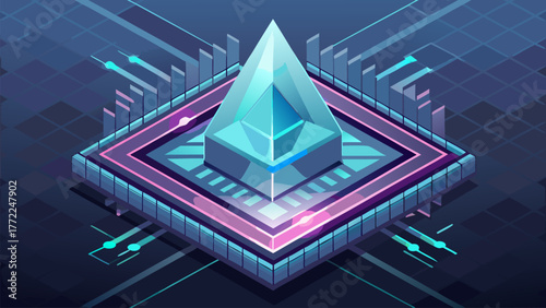 Abstract Isometric Gemstone with Platform and Circuit Shapes. Futuristic Decoration Object Design Element Template, Modern Background Vector Illustration.