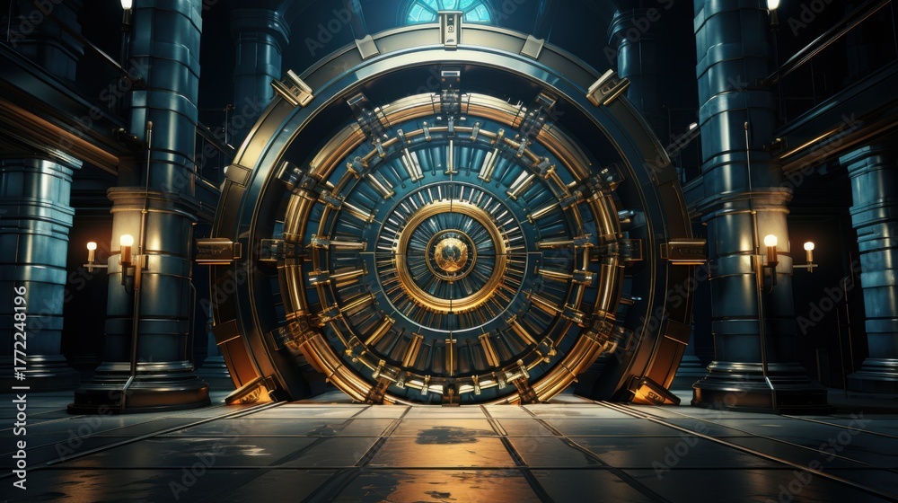 Fototapeta premium A large, circular vault door stands prominently in a modern, high-tech setting. The intricate design features glowing lines and metallic textures, creating a visually striking focal point.