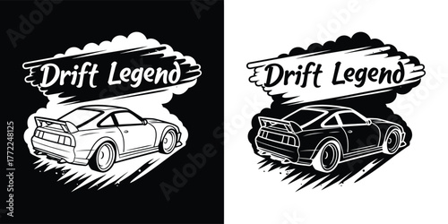 Drift legend text with a sports car doing a drift with smoke and a spoiler, black and white graphic illustration