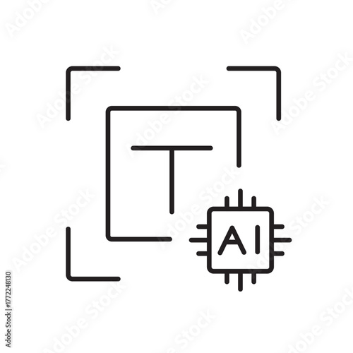 A vector icon of a document with a scanning frame and AI chip, representing OCR text recognition using AI, created in line style with editable stroke