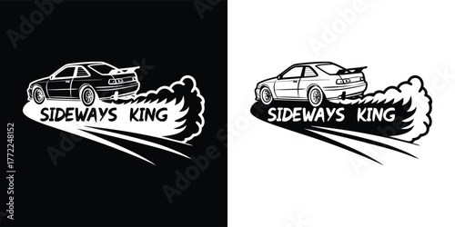 Retro style graphic design of a drifting car with smoke and the text sideways king on a black and white background, perfect for automotive enthusiasts and racing