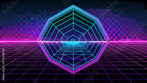 Vaporwave Grid Diamond Landscape Illustration. Cyberpunk Digital Art Sci-Fi Neon Glowing Geometric Shape. Futuristic Surface Perspective Design.