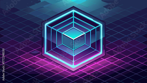 Isometric Cube Neon Glowing Digital Art Illustration. Cyberpunk Geometric Shape Sci-Fi. Futuristic Surface Perspective Design, Grids Technology.