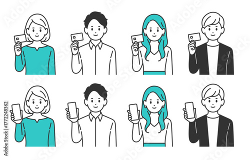 クレジットカードやスマホを持つ若い男女のセット【人物ベクターイラスト素材】