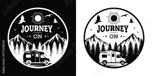 Journey on rv camper van in forest with mountains and sun, circular graphic design