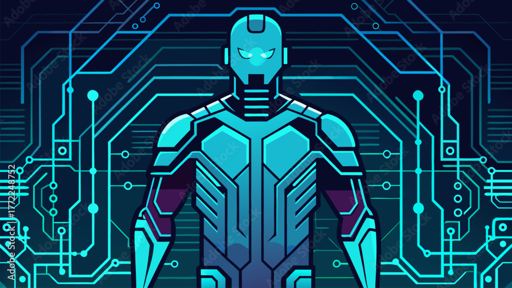 Artificial Intelligence Futuristic Humanoid Robot Illustration. Synthwave Cybernetic Armor Neon Face Design, Cyberpunk Character.