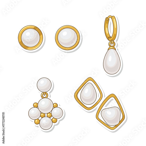 Illustration of five different pairs of pearl earrings with gold settings on a white background.