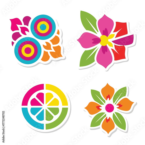 Four colorful, stylized floral designs with geometric shapes, leaves, and vibrant petals on a white background.