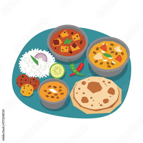 A colorful illustration of an Indian thali featuring various dishes like paneer, dal, rice, roti, and condiments on a blue plate.
