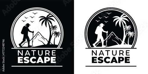 Circular badge featuring a silhouette of a hiker with a backpack and trekking poles, palm trees, and mountains, conveying a nature escape theme