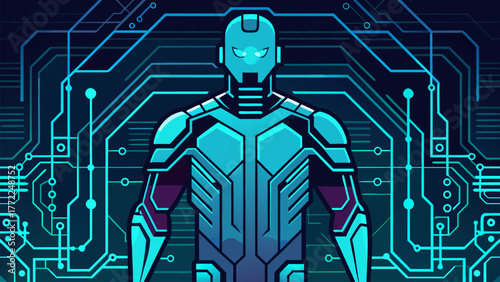 Artificial Intelligence Futuristic Humanoid Robot Illustration. Synthwave Cybernetic Armor Neon Face Design, Cyberpunk Character.
