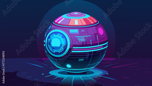 Futuristic Orb Technology Ball Neon Glow Sphere Electronic Design Vector Illustration. Abstract Round Object, Advanced Innovation Concept, Digital Element Artwork.