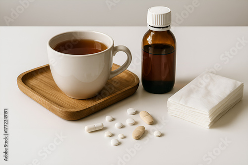 A cup of tea on a wooden tray, pills, a bottle of medicine and napkins on a light background
