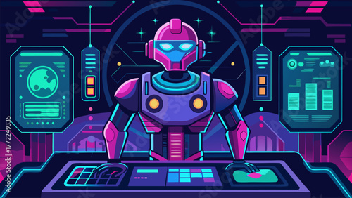 Retro Robot Controlling Station Console Illustration. Machine Automation Artificial Intelligence Synth Electronic Neon Illustration. Vaporwave Controller Panel Design.