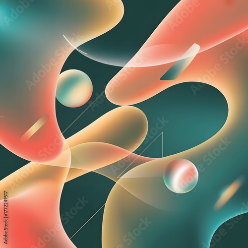 An abstract digital colorful background. An abstract digital artwork featuring fluid shapes in soft pastels of peach, teal, and cream against a deep teal background.